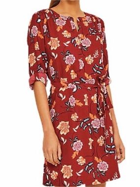 LOFT Burgundy Floral Tie-Waist Midi Dress